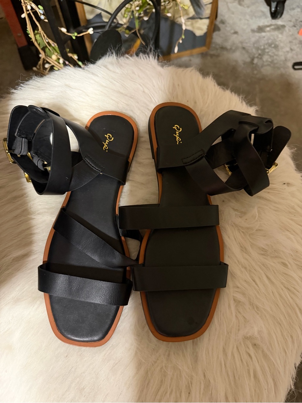 Qupid Black Strappy Ankle Wrap Flat Sandals